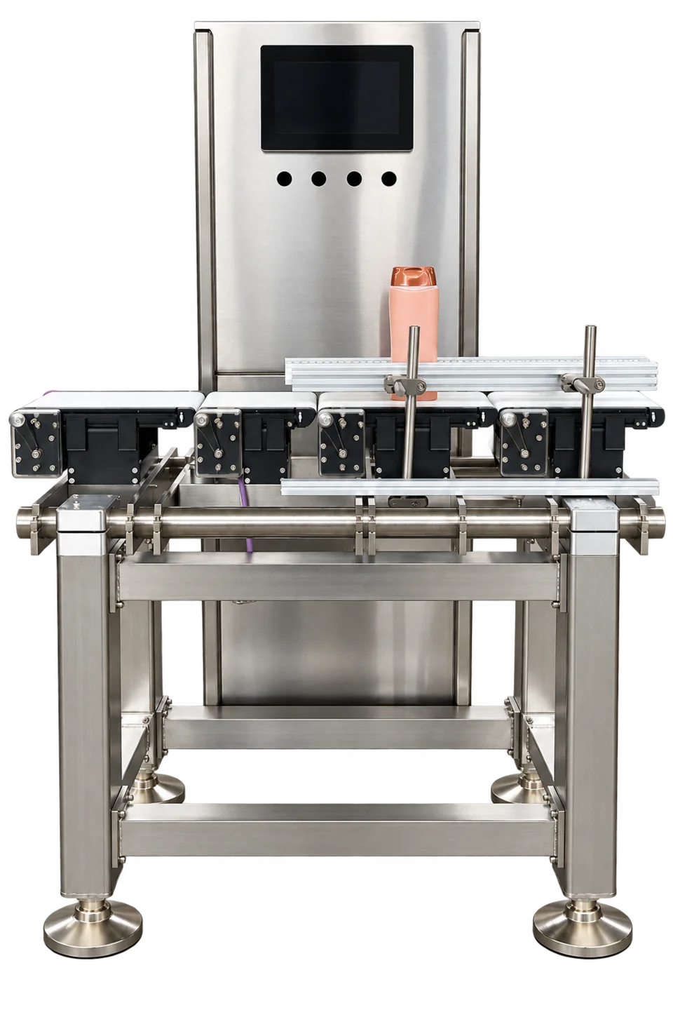 SSI checkweigher with a stainless steel control cabinet, conveyor, and guide rails.