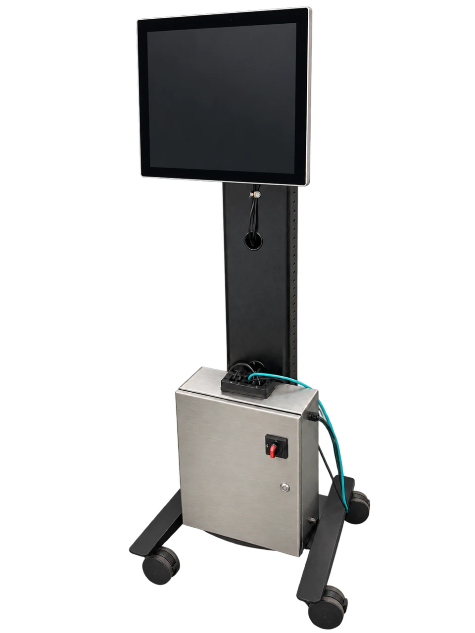 SSI J5 Stand inspection or barcode reading platform shown with display, cabinet, support column, and caster base.